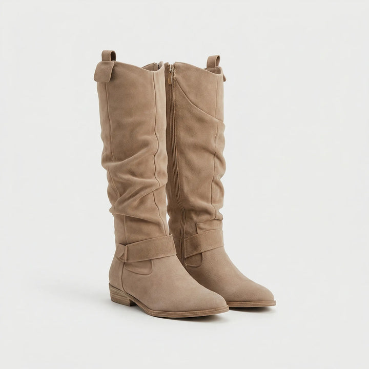Stylish women's knee-high boots featuring a sturdy block heel and practical side zipper for easy wear.