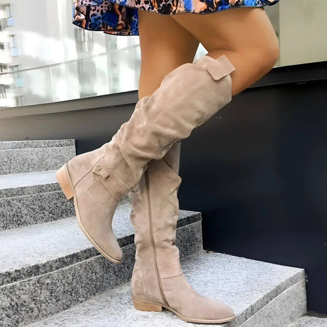 Women's elegant knee-high boots with practical side zipper, perfect for autumn & winter fashion footwear.