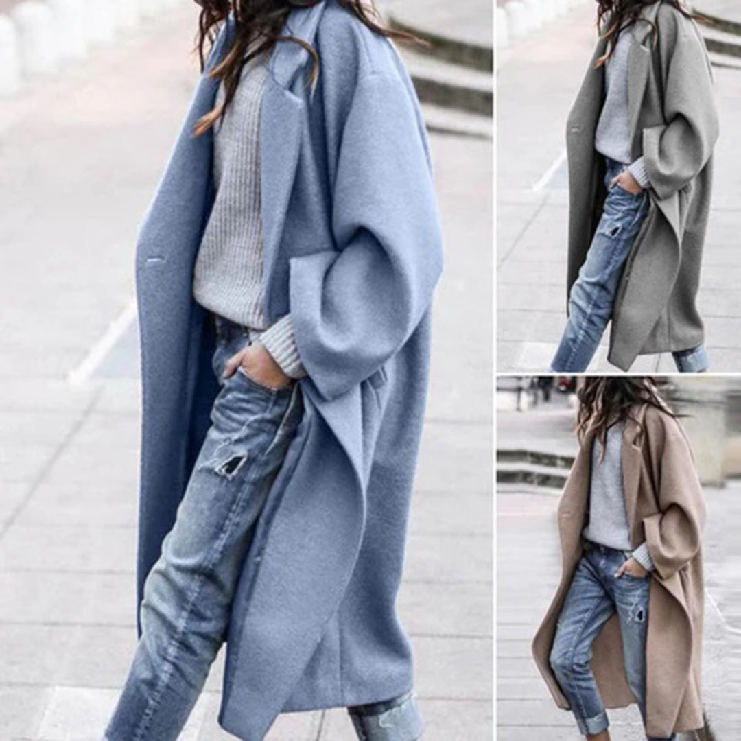 Elegant women's knee-length winter coat, warm outerwear with a distinctive large collar for fall/winter fashion.