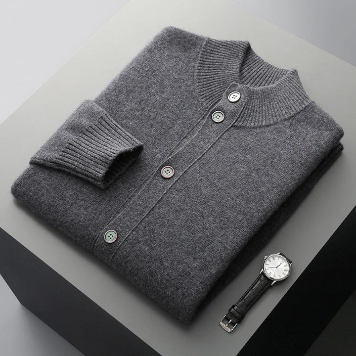 Detailed view of elegant women's knit cardigan texture. Soft & refined versatile layering sweater.