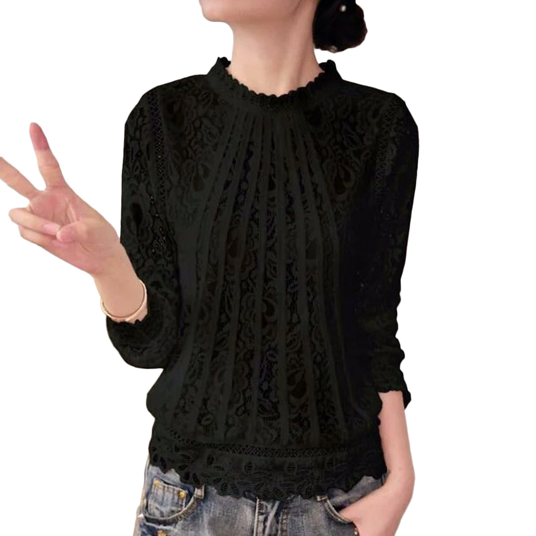 Women's elegant lace long sleeve blouse with stand-up collar, floral pattern, and chic fashion design.