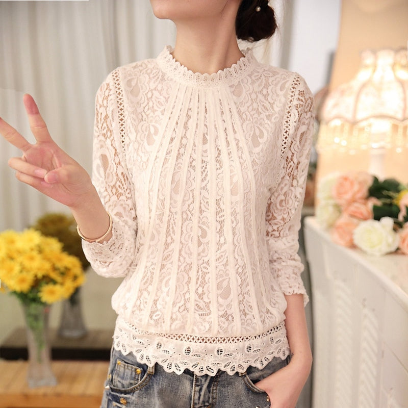 Chic Amira women's long sleeve lace top, elegant floral design with stand-up collar for versatile fashion.