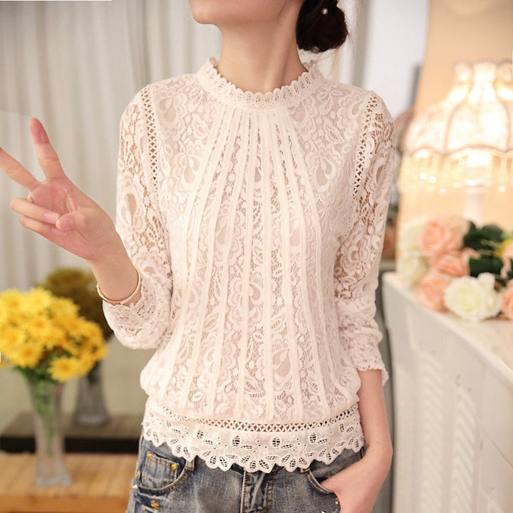 Chic Amira women's long sleeve lace top, elegant floral design with stand-up collar for versatile fashion.