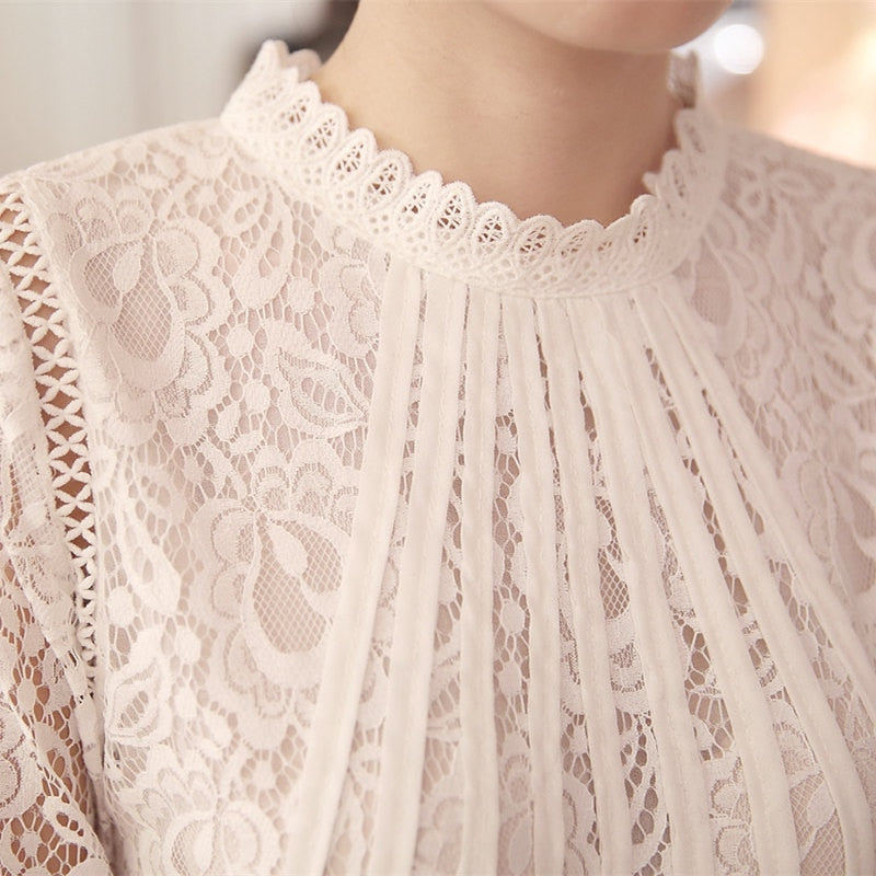 Romantic women's lace long sleeve blouse featuring delicate floral details and an elegant stand-up collar.
