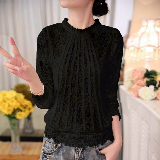 Elegant women's white floral lace long sleeve blouse, Amira style, with a stand-up collar for a chic look.