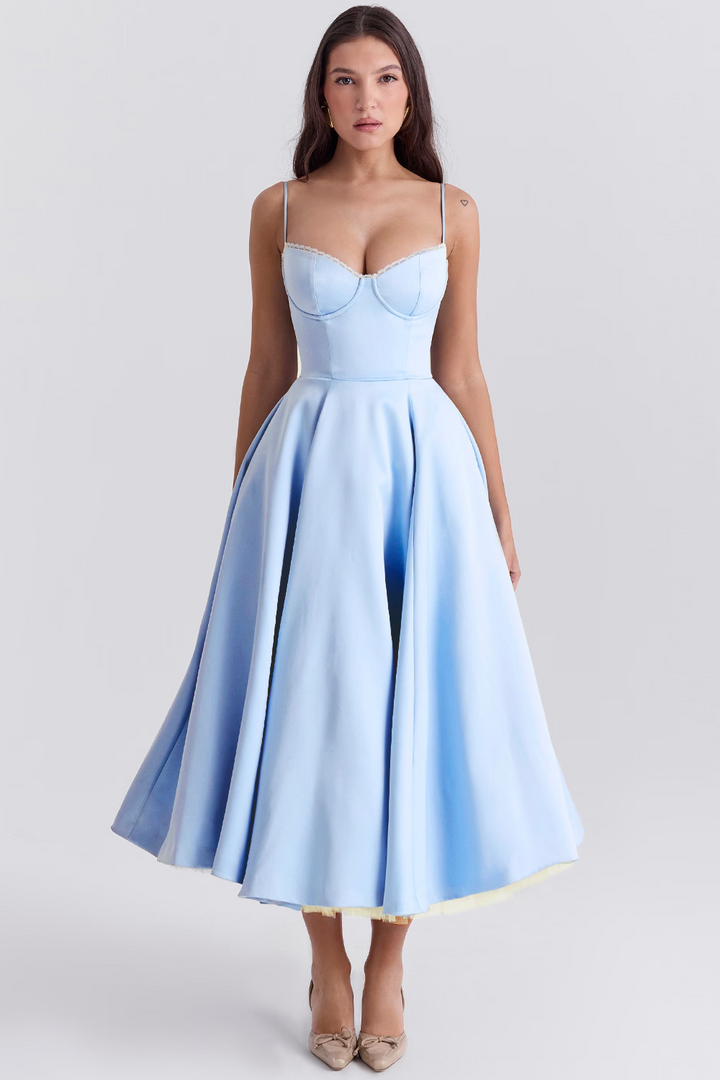 Women's elegant lace-trim corset bodice midi dress with pockets. Perfect for parties & evenings.