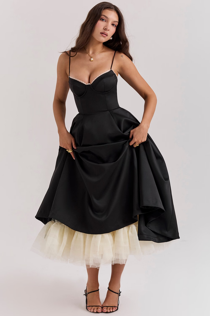 Beautiful women's midi dress. Corset bodice, delicate lace trim, sweetheart neckline, and useful pockets.