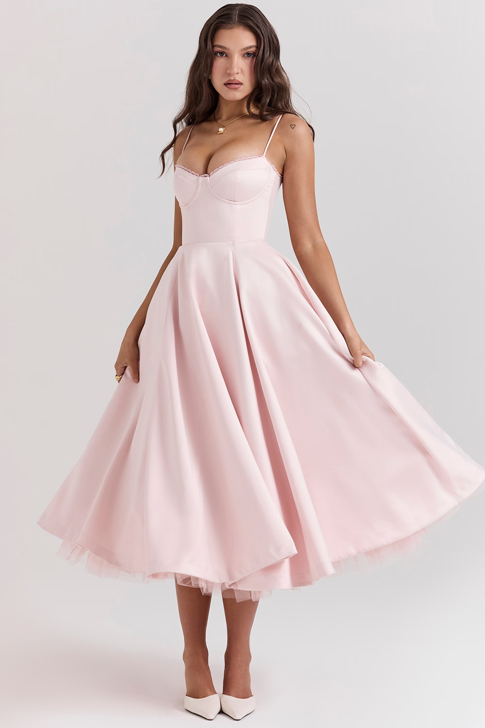 Party-ready women's cocktail midi dress with lace-trim corset, sweetheart neckline, and convenient pockets.
