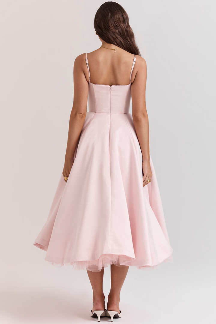 Chic sleeveless women's midi dress with a structured corset bodice, lace details, and functional pockets.