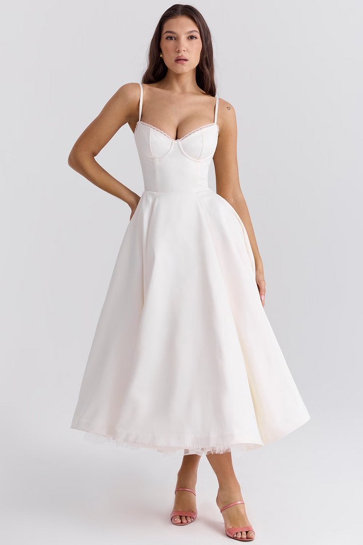 Women's stylish midi dress with lace-trim corset bodice, sweetheart neckline, and essential side pockets.