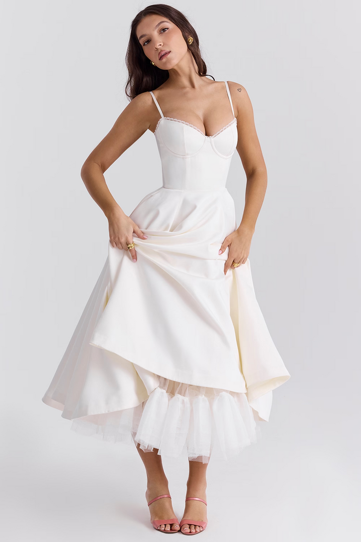 Elegant women's evening midi dress, lace-trimmed corset bodice, and flattering sweetheart neckline.