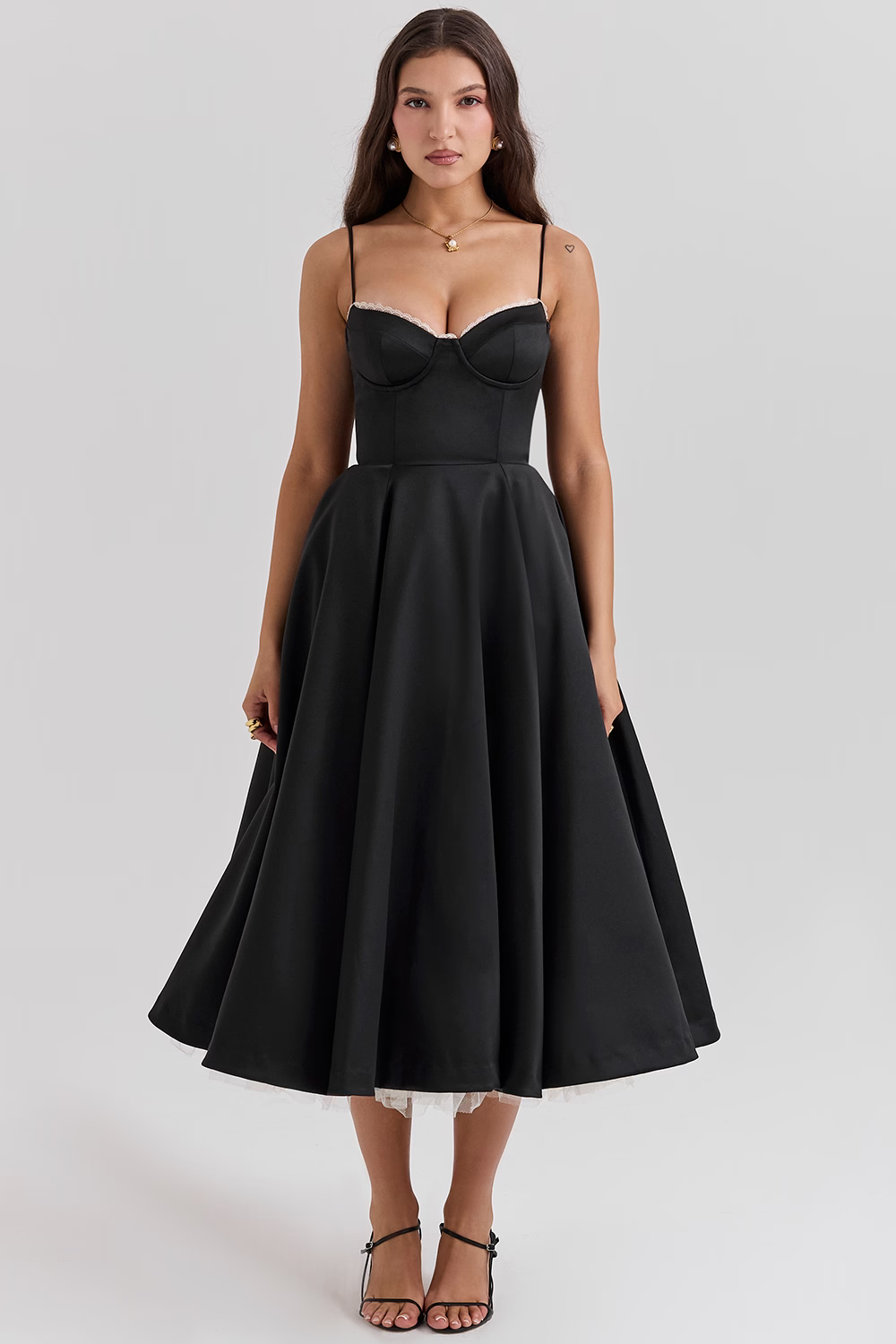 Stunning women's party midi dress with a lace-trim corset, elegant sweetheart neckline & practical pockets.