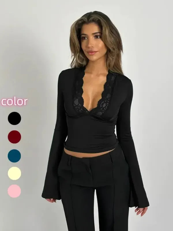 Women's elegant lace v-neck long sleeve top, a chic and versatile fashion piece for everyday style.