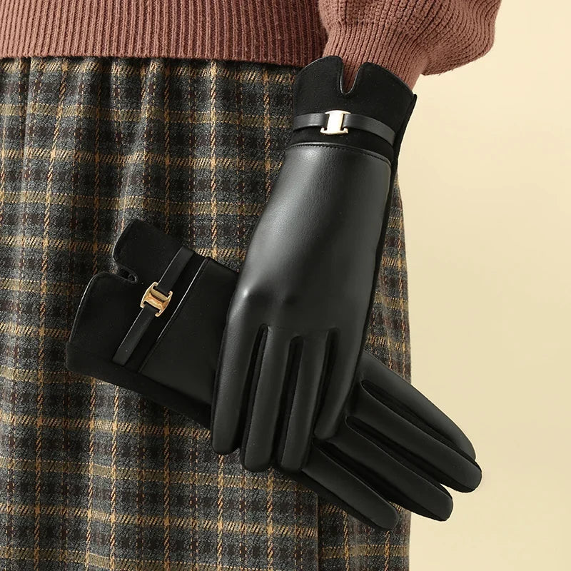 Premium women's leather gloves for winter warmth. Elegant design for cold weather outerwear.