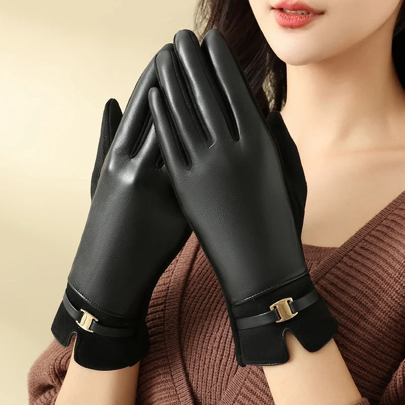Warm women's elegant leather gloves. Essential winter fashion accessory for cold weather protection.