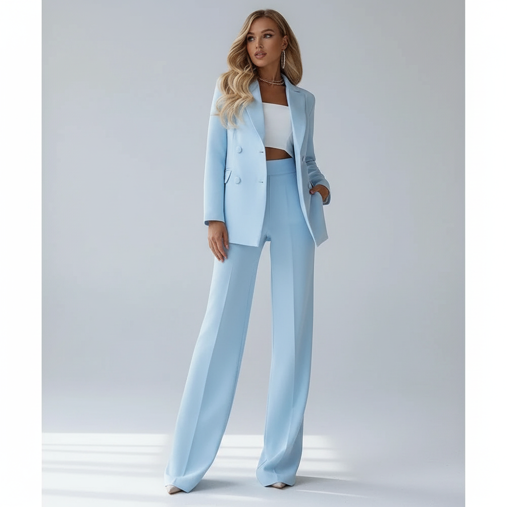 Elegant women's light blue two-piece trouser suit, perfect as a blazer and pants set for sophisticated outfits.