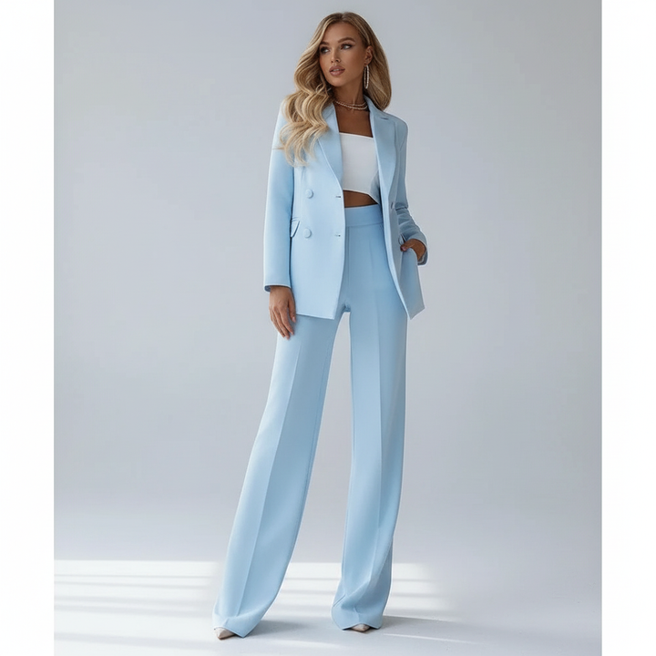 Elegant women's light blue two-piece trouser suit, perfect as a blazer and pants set for sophisticated outfits.