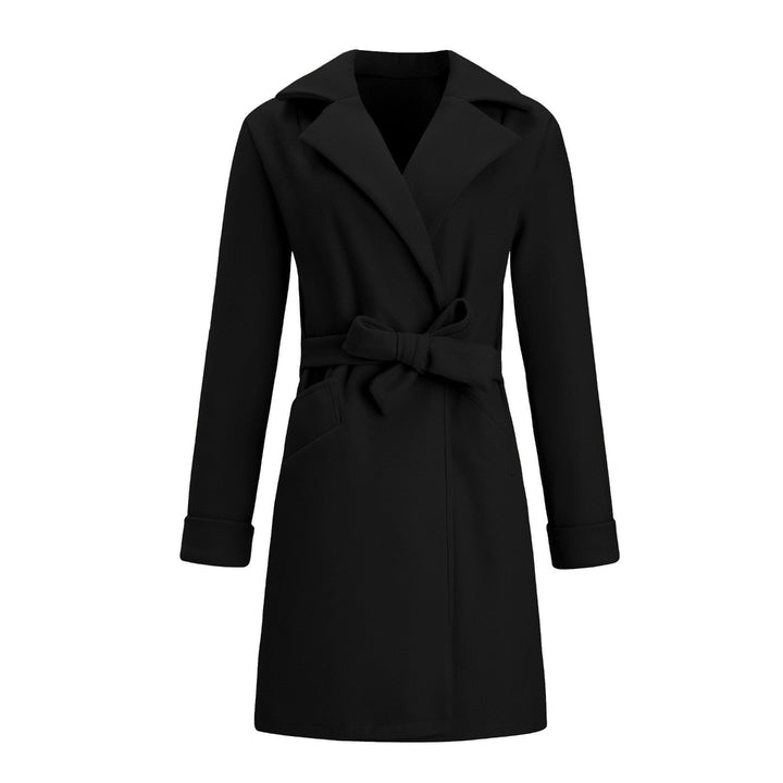 Chic black long double-breasted coat for women. Elegant wool-look winter outerwear, perfect for classic style.