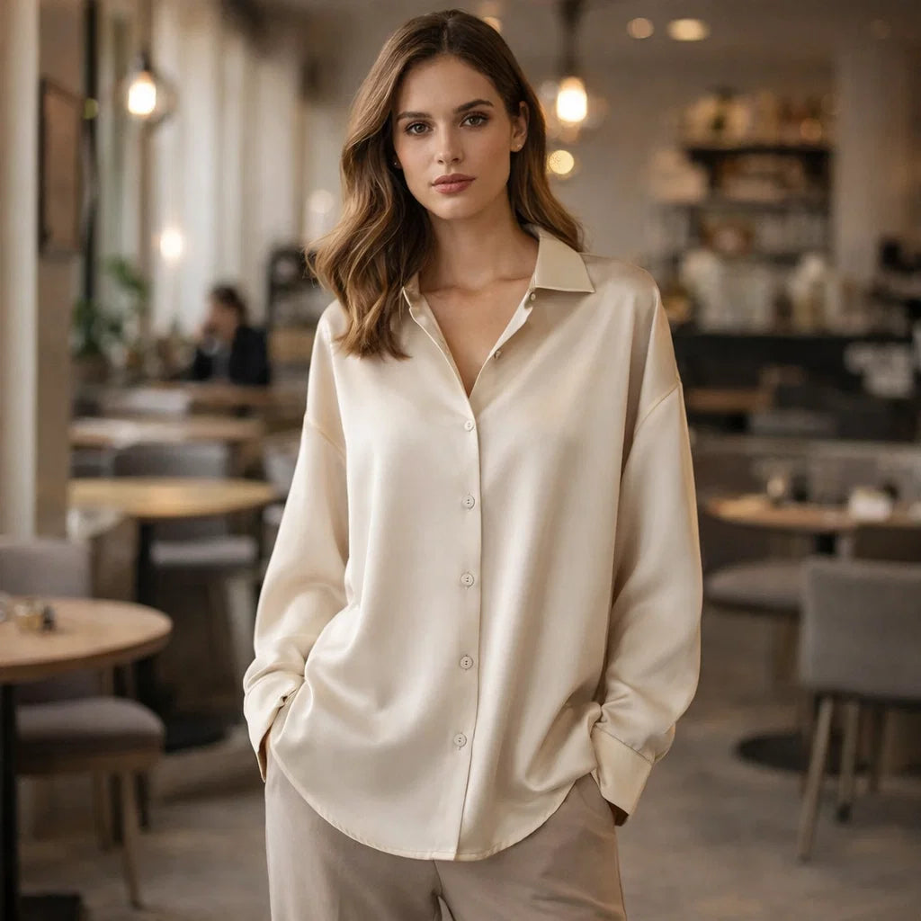 Women's elegant long sleeve loose office blouse in a professional, comfortable fit for work and business wear.