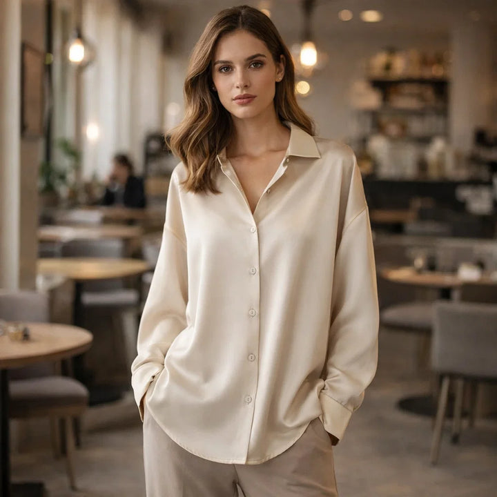 Women's elegant long sleeve loose office blouse in a professional, comfortable fit for work and business wear.