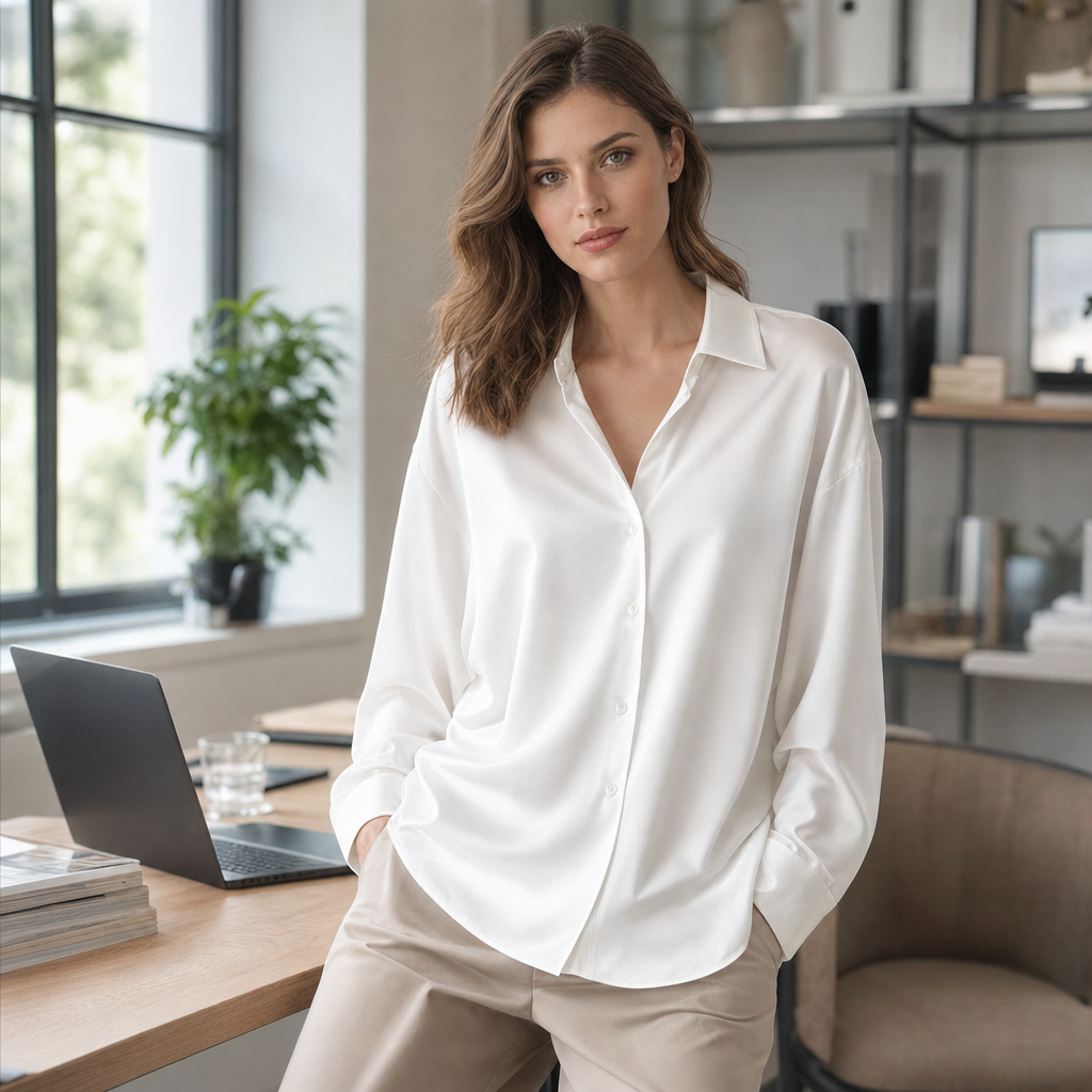 Women's professional long sleeve blouse with a loose, elegant fit. Ideal workwear for comfort and style.