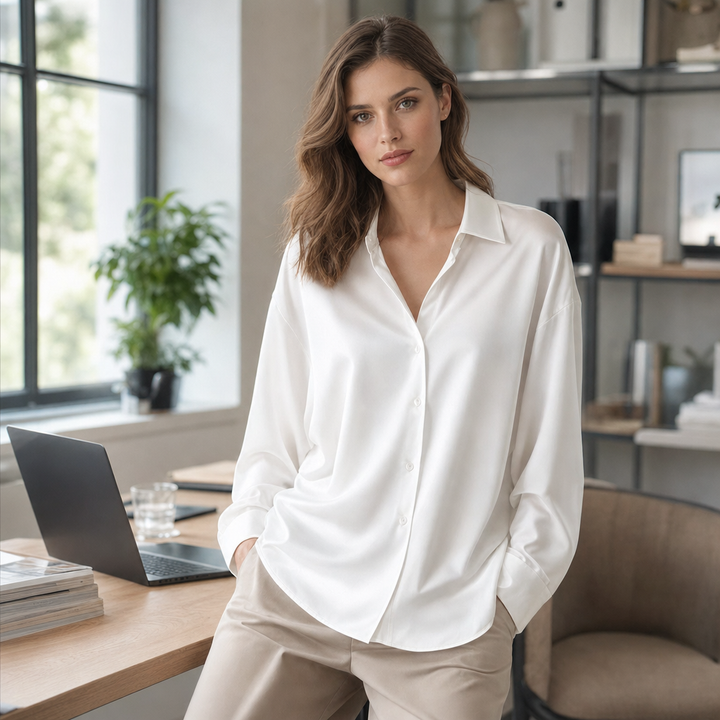 Women's professional long sleeve blouse with a loose, elegant fit. Ideal workwear for comfort and style.
