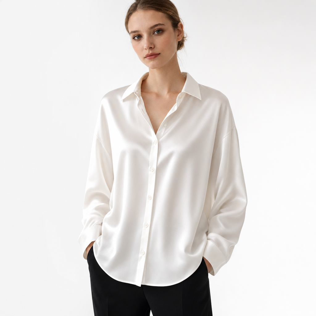 Fashionable women's elegant long sleeve blouse. Versatile loose fit top, suitable for office and casual wear.