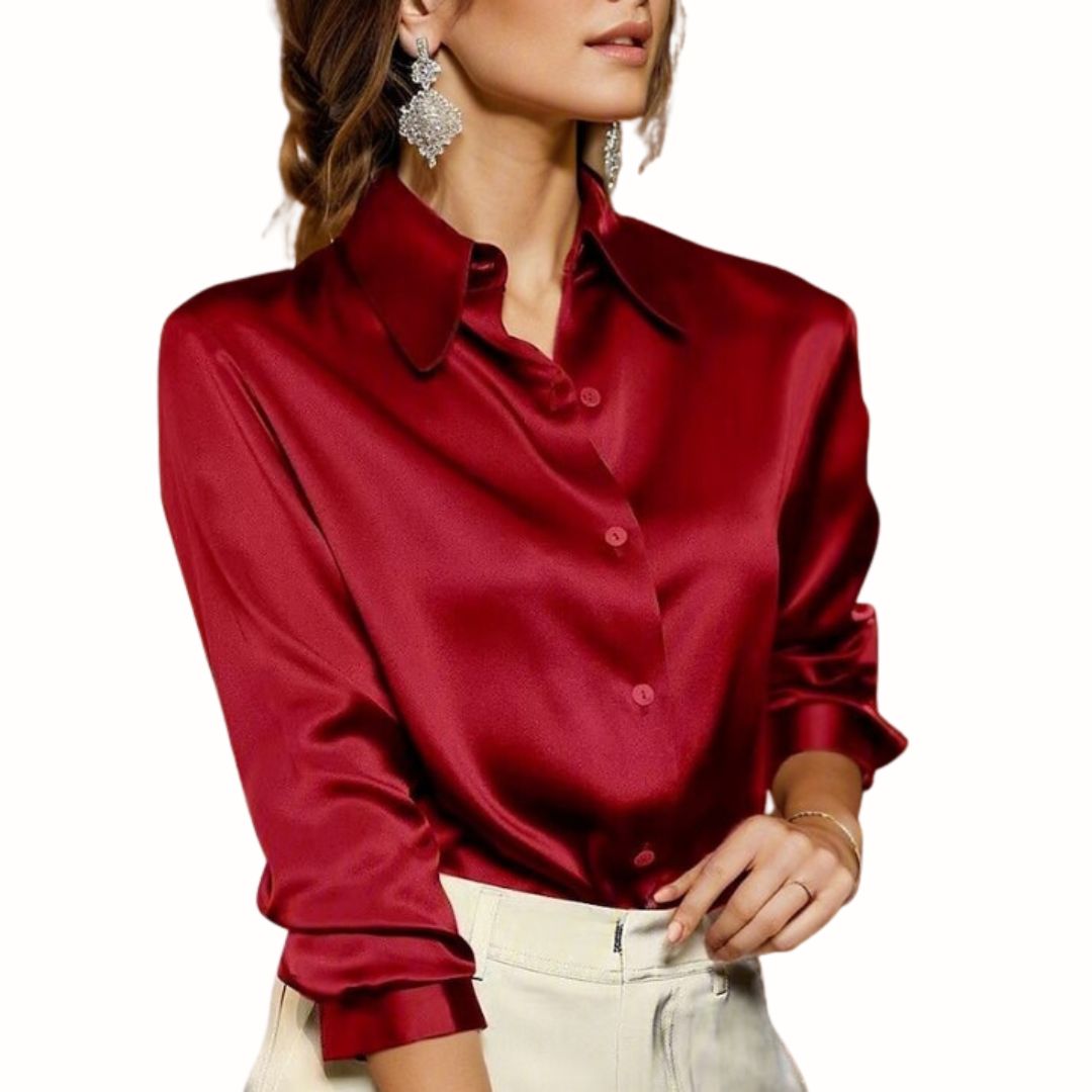 Women's elegant long sleeve satin blouse in a classic fit, perfect for professional wear or dressy occasions.