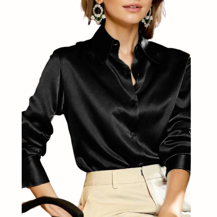Chic women's long sleeve satin blouse for versatile office style; available in red, black, and yellow.