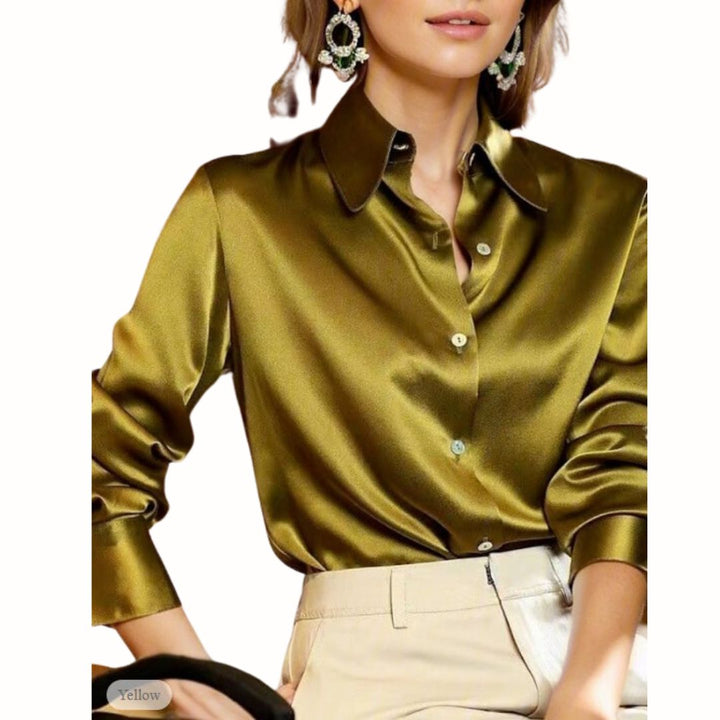 Classic women's dressy satin long sleeve top, ideal for elegant and professional apparel.
