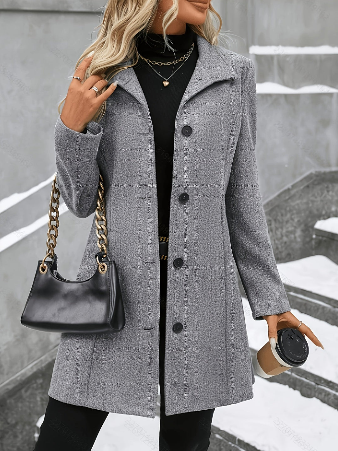 Women's elegant longline coat with notch collar, perfect for fall and winter fashion. Chic & warm outerwear.