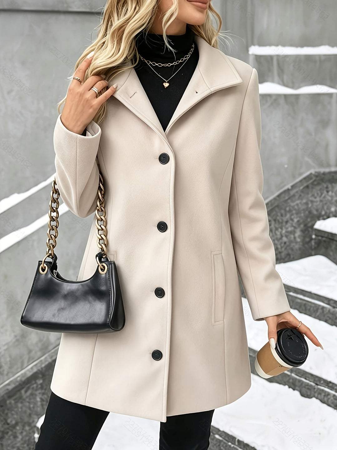 Elegant & chic women's longline coat with a prominent notch collar. Perfect fall/winter outerwear.