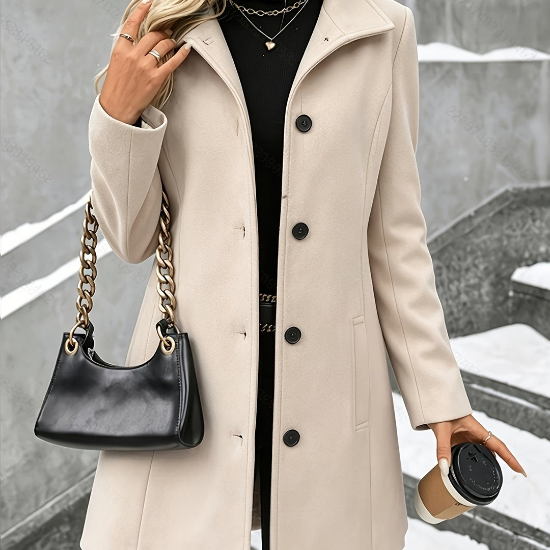 Grey elegant women's longline coat, a warm winter jacket with a chic notch collar and single-breasted front.