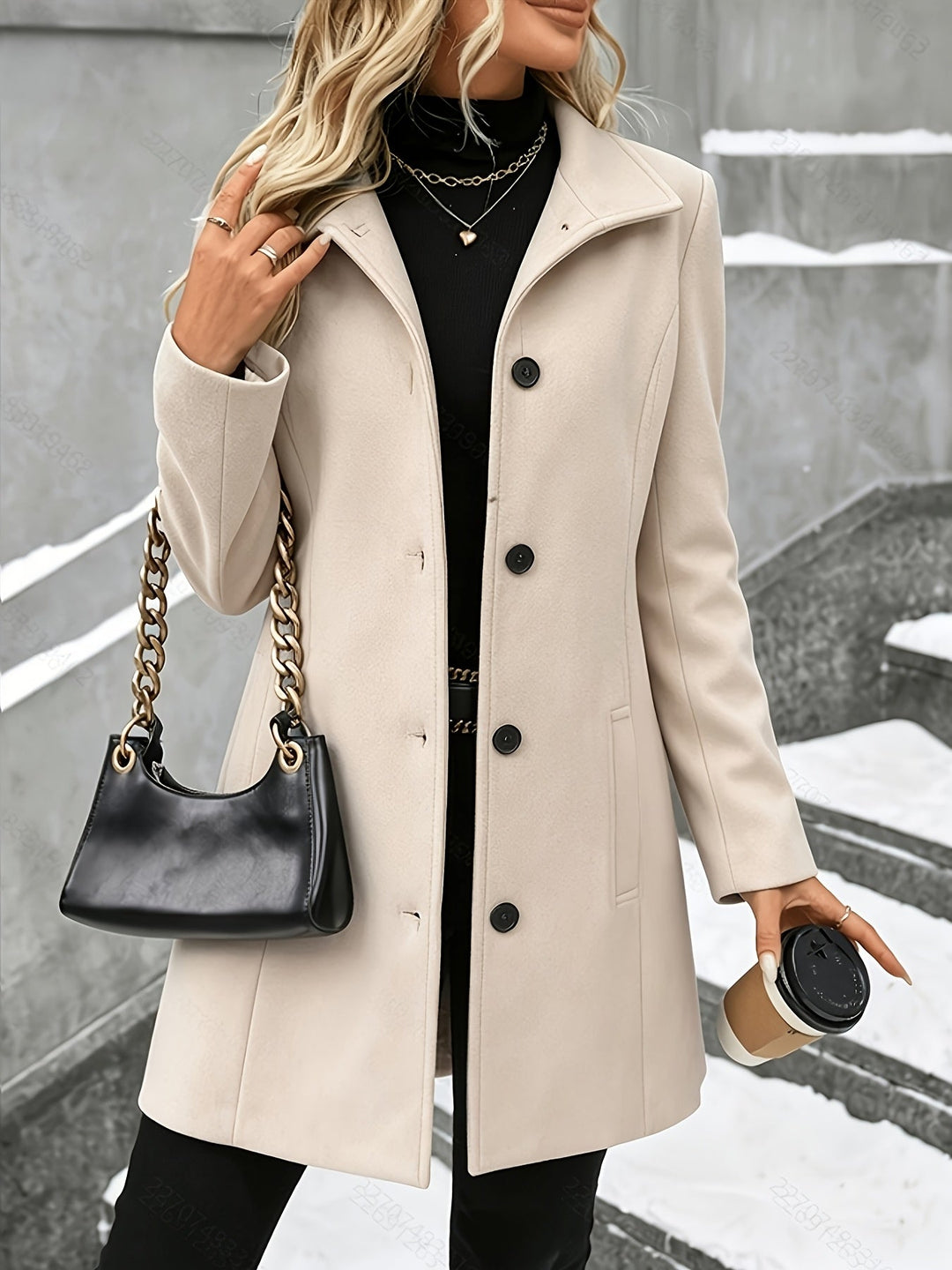 Apricot women's elegant longline coat, featuring a classic notch collar. Ideal formal & casual outerwear.