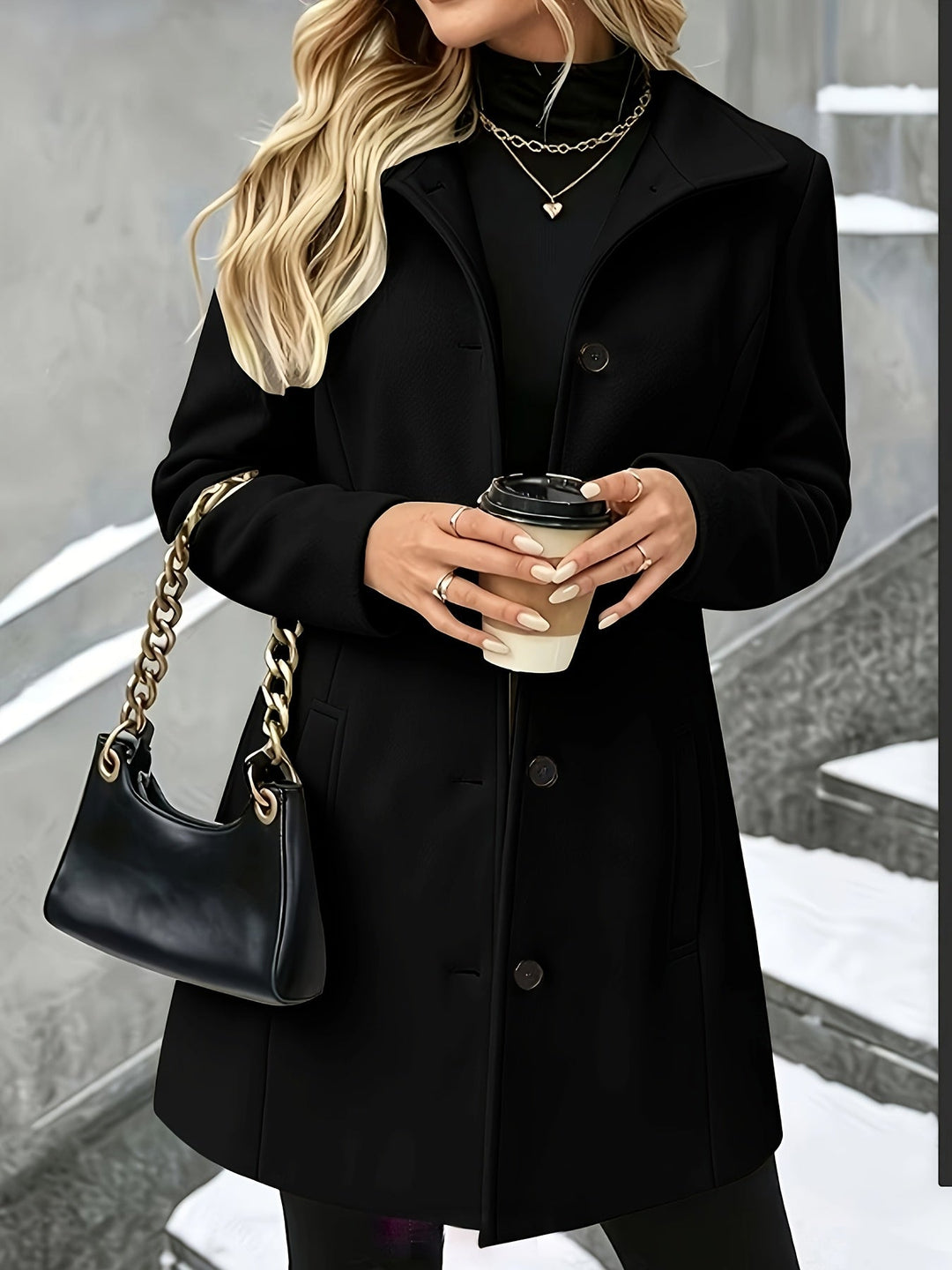 Black women's elegant longline coat, a chic winter jacket with a sophisticated notch collar design.