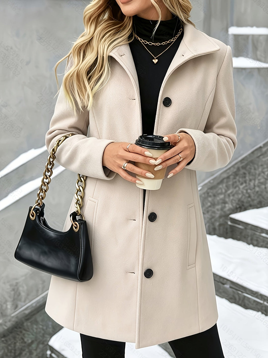 Elegant women's longline formal coat with a stylish notch collar. Perfect single-breasted outerwear.