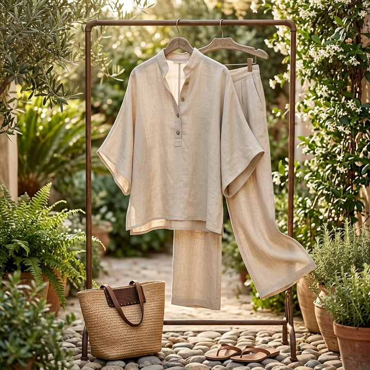 Women's mandarin collar wide-leg two-piece set, displayed flat, a breathable and elegant summer outfit.
