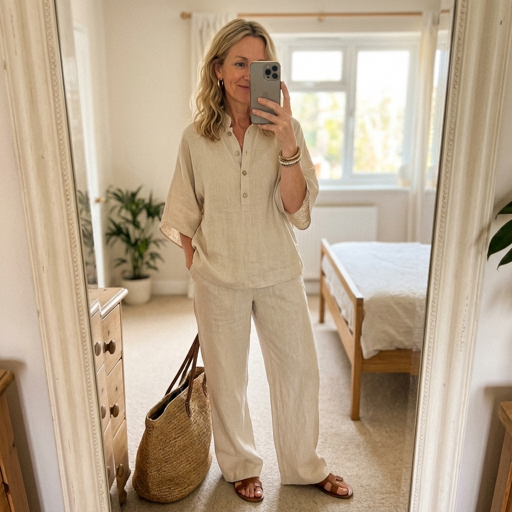 Elegant women's two-piece set with mandarin collar and wide-leg trousers, perfect for summer style.