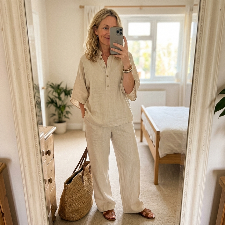 Elegant women's two-piece set with mandarin collar and wide-leg trousers, perfect for summer style.