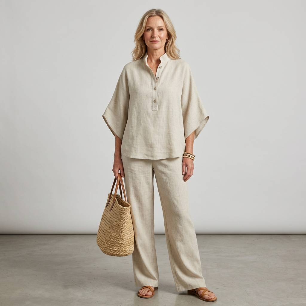 Women's breathable mandarin collar wide-leg two-piece set. Elegant, comfortable, and coordinated summer outfit.