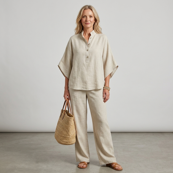 Women's breathable mandarin collar wide-leg two-piece set. Elegant, comfortable, and coordinated summer outfit.