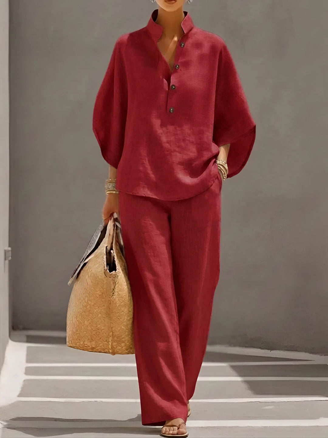 Mandarin collar top from a women's elegant wide-leg two-piece set, breathable and stylish for summer.
