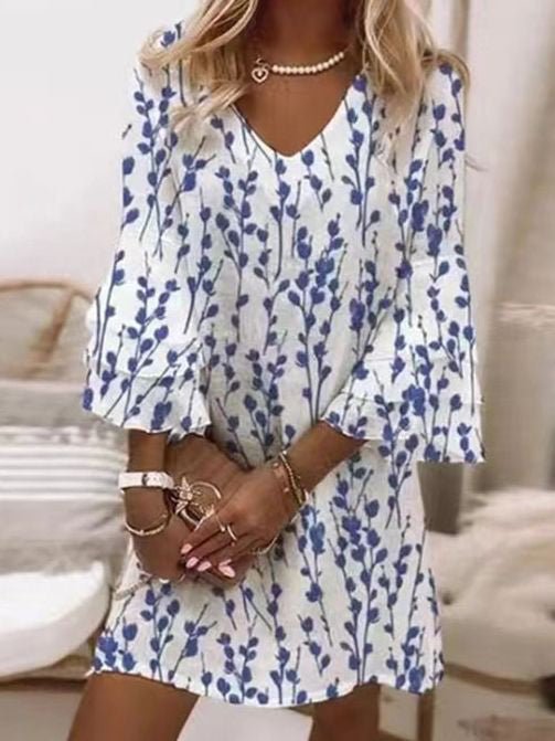 Relaxed fit marble swirl mini dress for women, with V-neck & flowy flare sleeves, perfect summer casual style.