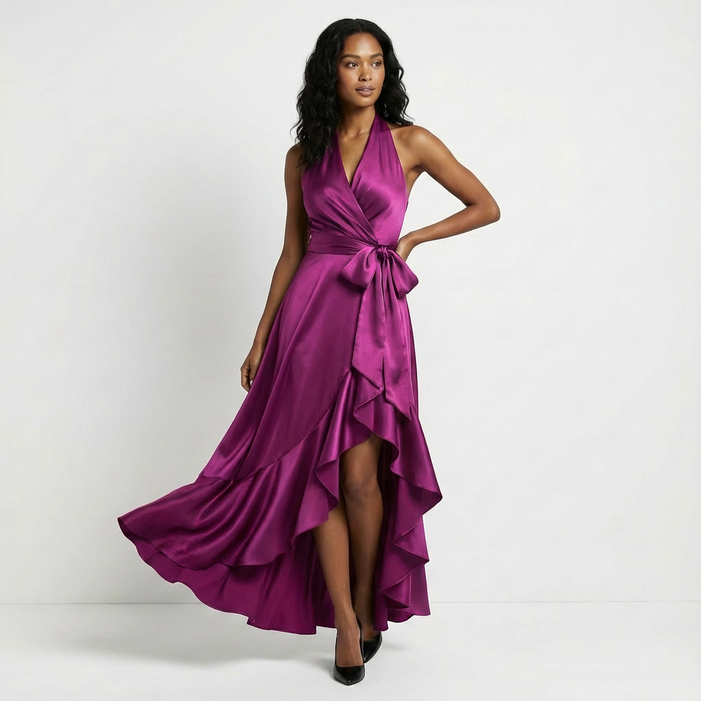 Women's elegant maxi dress with tie-waist bow. Perfect for wedding guests & formal occasions.