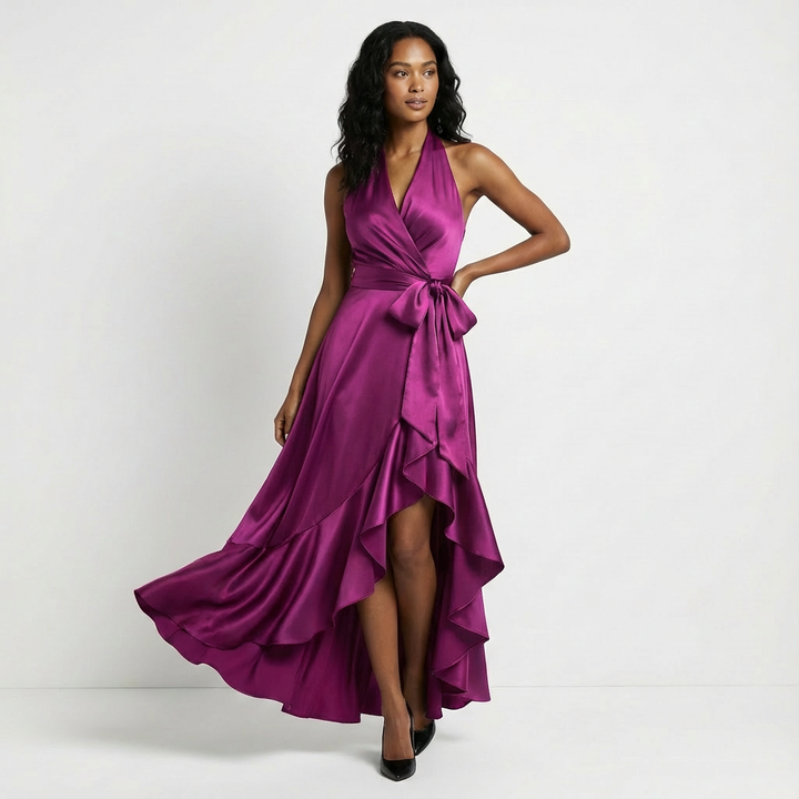 Women's elegant maxi dress with tie-waist bow. Perfect for wedding guests & formal occasions.