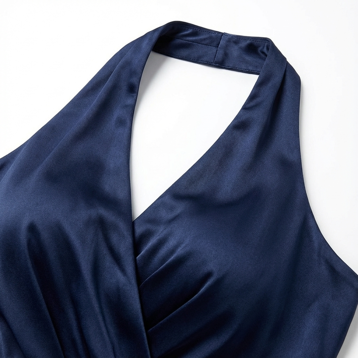 Stunning navy blue women's maxi dress with beautiful tie-waist bow, perfect for formal occasions.