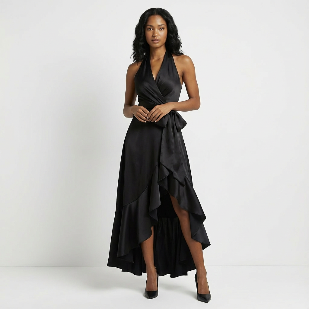 Formal women's maxi dress with tie-waist bow, perfect as a wedding guest or special occasion outfit.