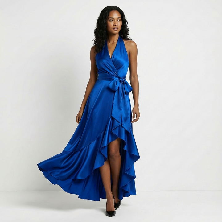 Chic champagne maxi dress for women featuring a tie-waist bow, ideal for formal events.