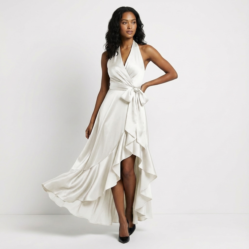 Long, elegant women's maxi dress with flattering tie-waist bow, perfect for sophisticated evening wear.