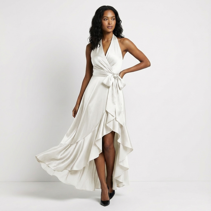 Long, elegant women's maxi dress with flattering tie-waist bow, perfect for sophisticated evening wear.